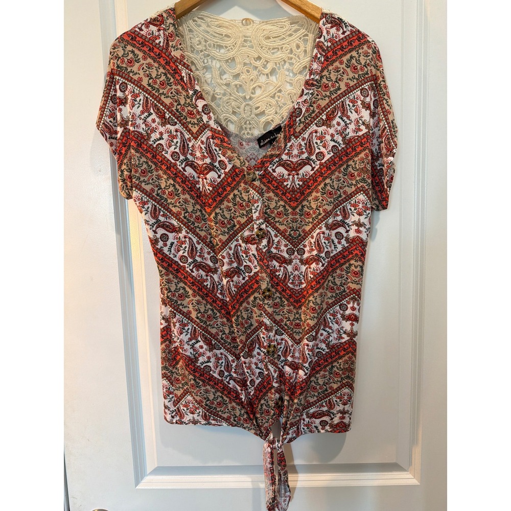 Alison Andrews Paisley Crochet Lace Back Tie Front Button Top Rust Cream Large